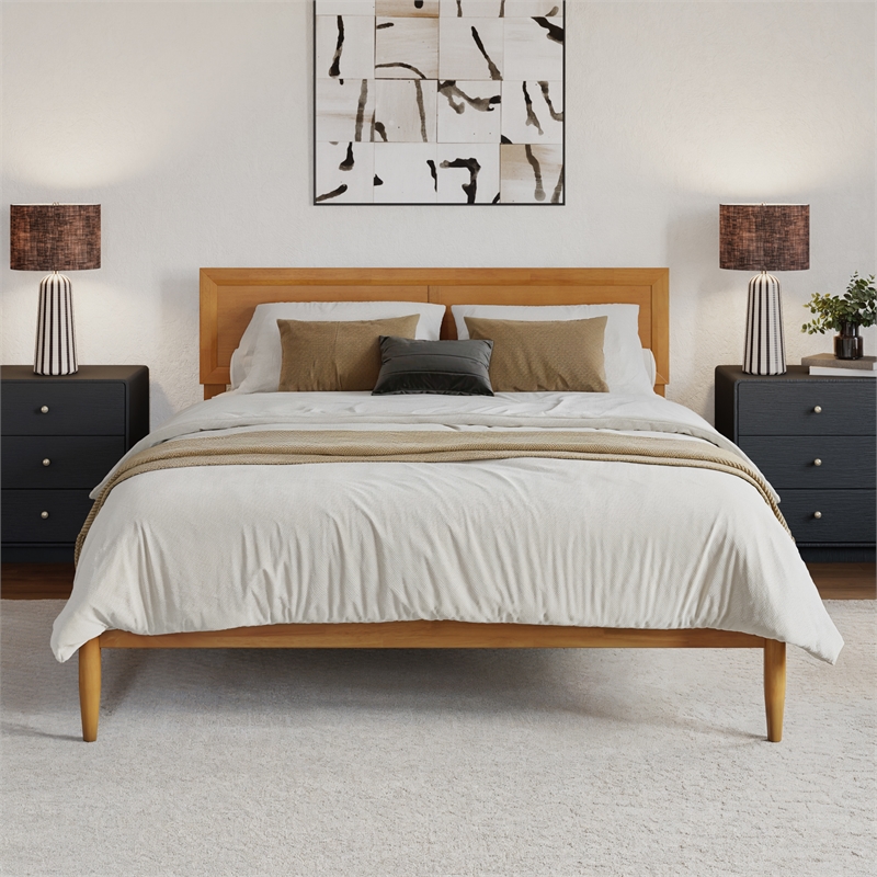 Ellarie Queen Wood Platform Bed in Light Toffee