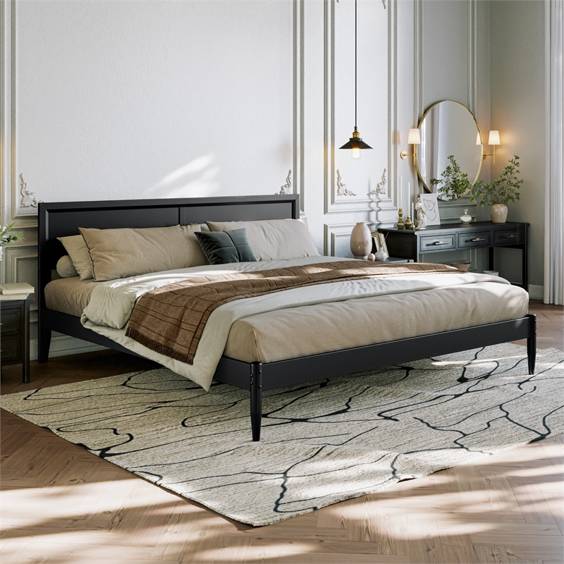 Ellarie King Solid Wood Platform Bed in Black