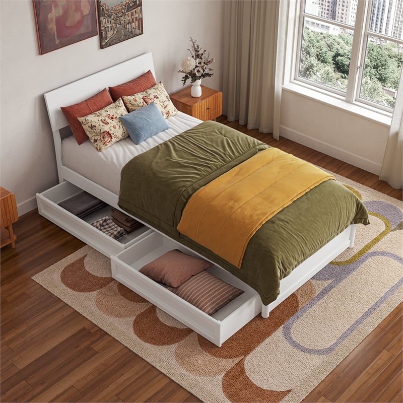 Norla Twin XL Wood Platform Bed with Footboard and Drawers in White