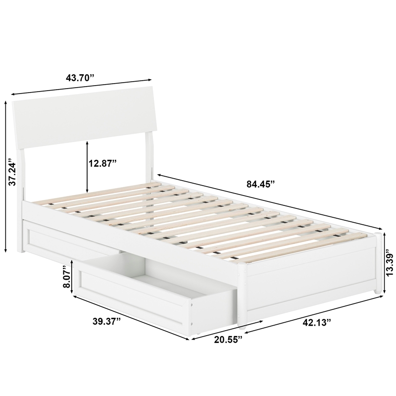 Norla Twin XL Wood Platform Bed with Footboard and Drawers in White