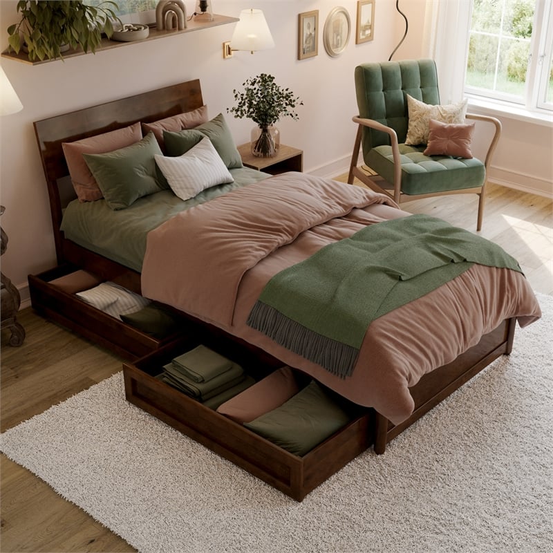 Norla Twin XL Wood Platform Bed with Footboard and Drawers in Walnut