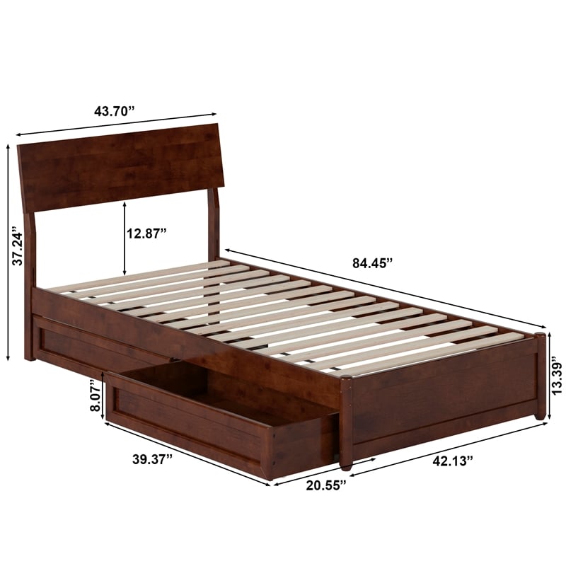 Norla Twin XL Wood Platform Bed with Footboard and Drawers in Walnut