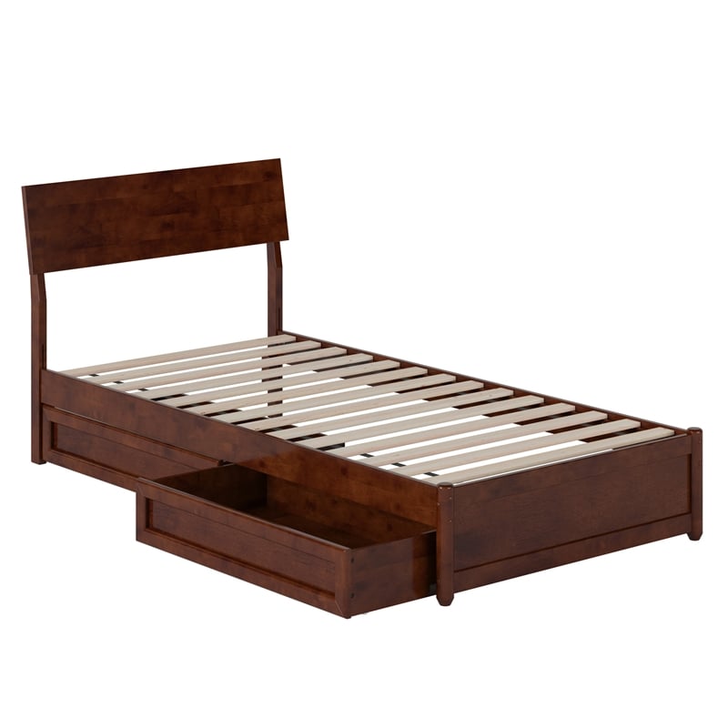 Norla Twin XL Wood Platform Bed with Footboard and Drawers in Walnut