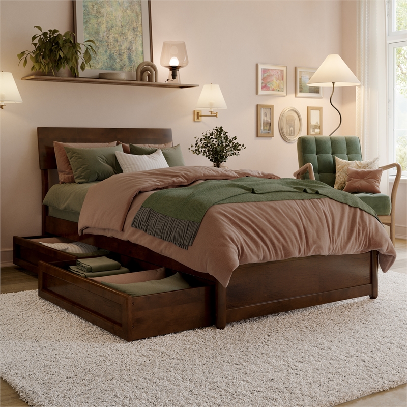 Norla Twin XL Wood Platform Bed with Footboard and Drawers in Walnut