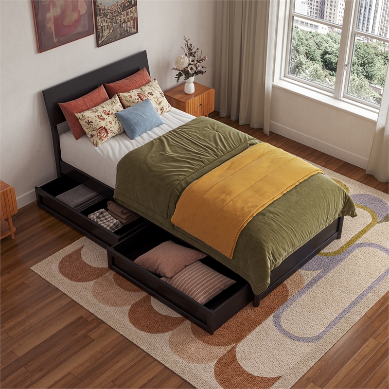 Norla Twin XL Wood Platform Bed with Footboard and Drawers in Black