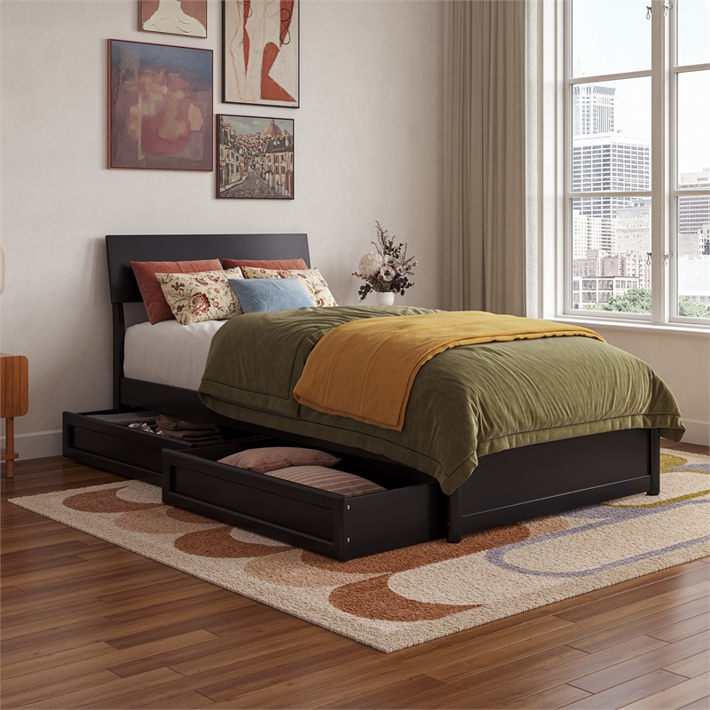 Norla Twin XL Wood Platform Bed with Footboard and Drawers in Black