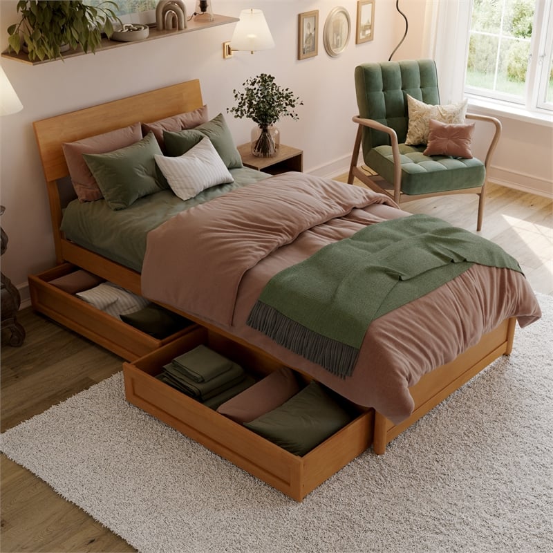 Norla Twin XL Wood Platform Bed with Footboard and Drawers in Light Toffee