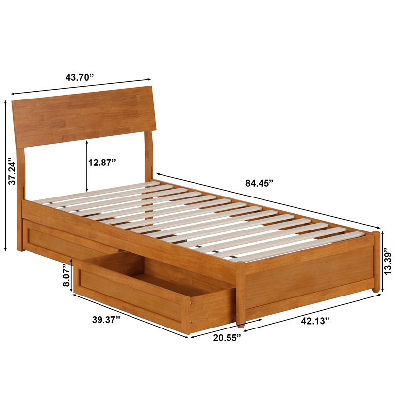 Norla Twin XL Wood Platform Bed with Footboard and Drawers in Light Toffee