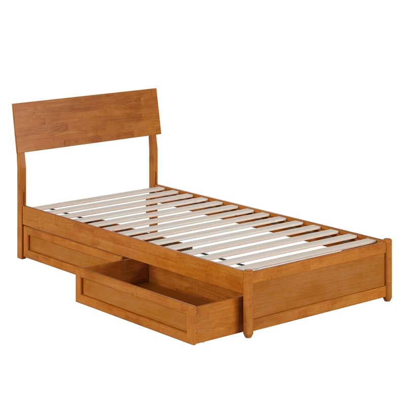 Norla Twin XL Wood Platform Bed with Footboard and Drawers in Light Toffee