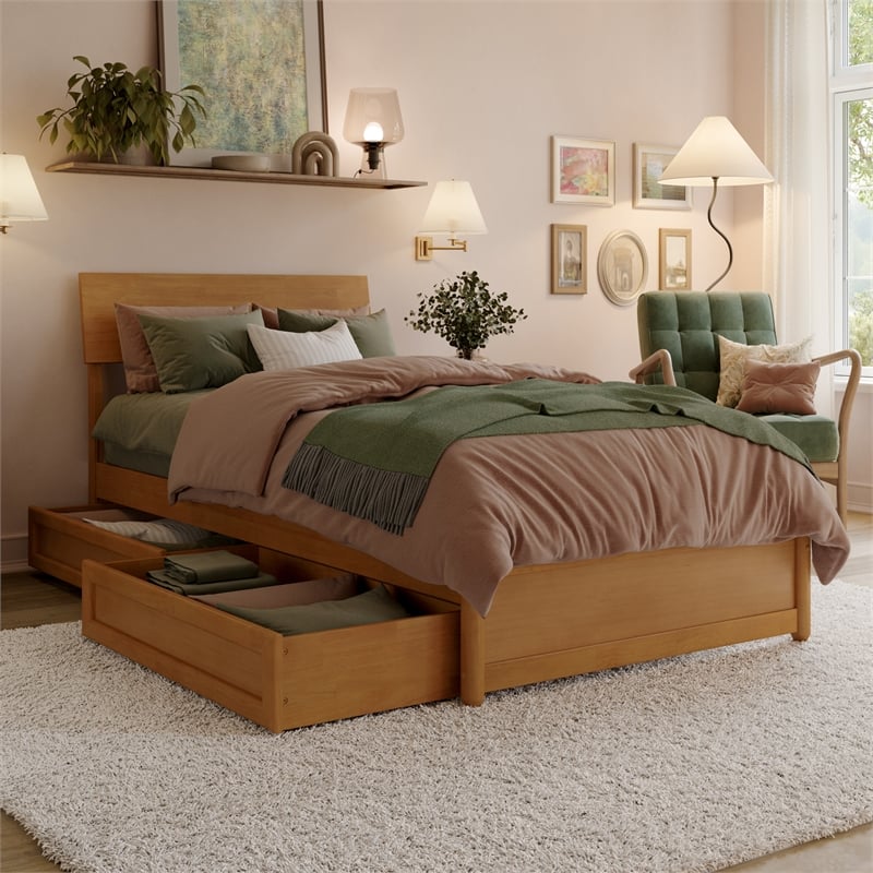 Norla Twin XL Wood Platform Bed with Footboard and Drawers in Light Toffee
