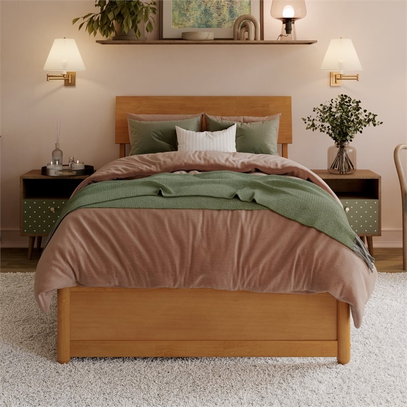 Norla Twin XL Wood Platform Bed with Footboard and Drawers in Light Toffee