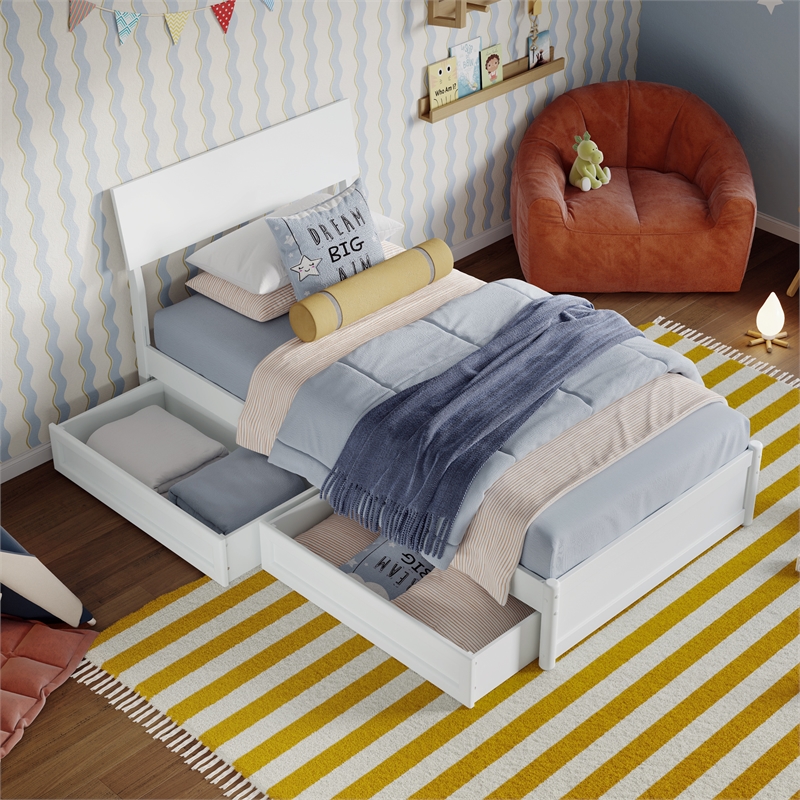 Norla Twin Wood Platform Bed with Footboard and Drawers in White