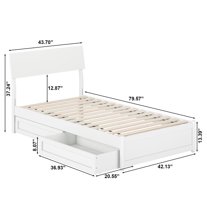 Norla Twin Wood Platform Bed with Footboard and Drawers in White