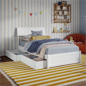 Norla Twin Wood Platform Bed with Footboard and Drawers in White