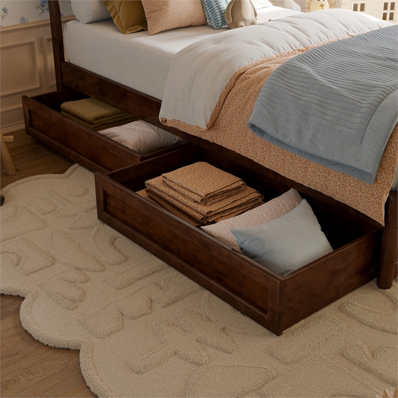 Norla Twin Wood Platform Bed with Footboard and Drawers in Walnut