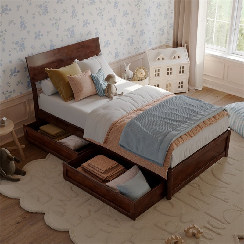 Norla Twin Wood Platform Bed with Footboard and Drawers in Walnut