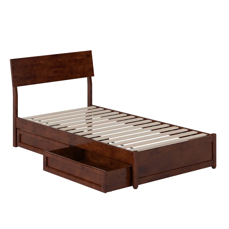 Norla Twin Wood Platform Bed with Footboard and Drawers in Walnut