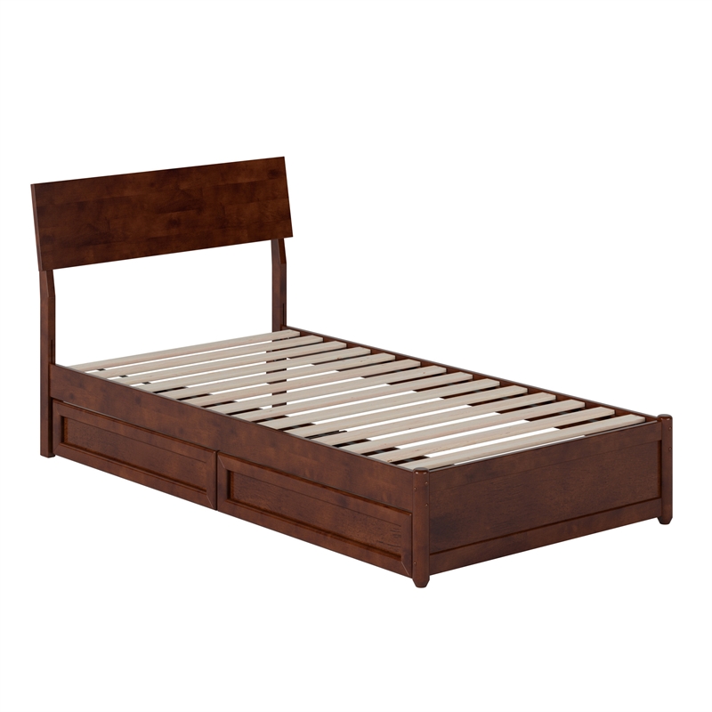 Norla Twin Wood Platform Bed with Footboard and Drawers in Walnut