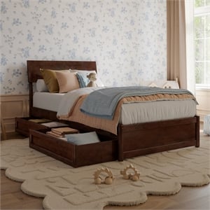 Norla Twin Wood Platform Bed with Footboard and Drawers in Walnut