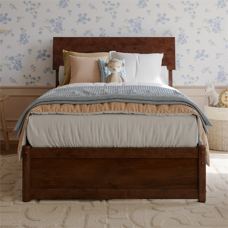 Norla Twin Wood Platform Bed with Footboard and Drawers in Walnut