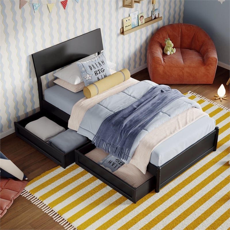 Norla Twin Wood Platform Bed with Footboard and Drawers in Black