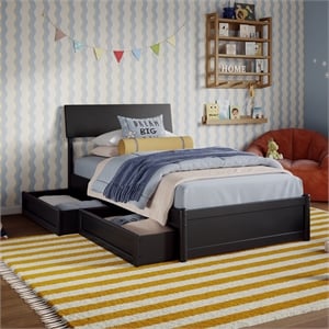 Norla Twin Wood Platform Bed with Footboard and Drawers in Black