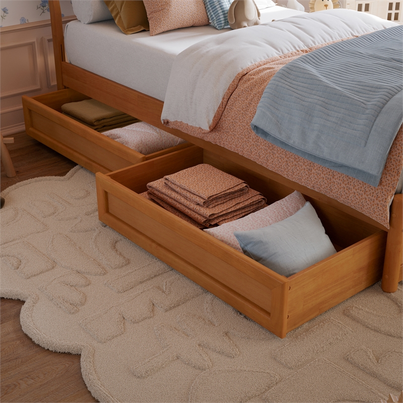 Norla Twin Wood Platform Bed with Footboard and Drawers in Light Toffee