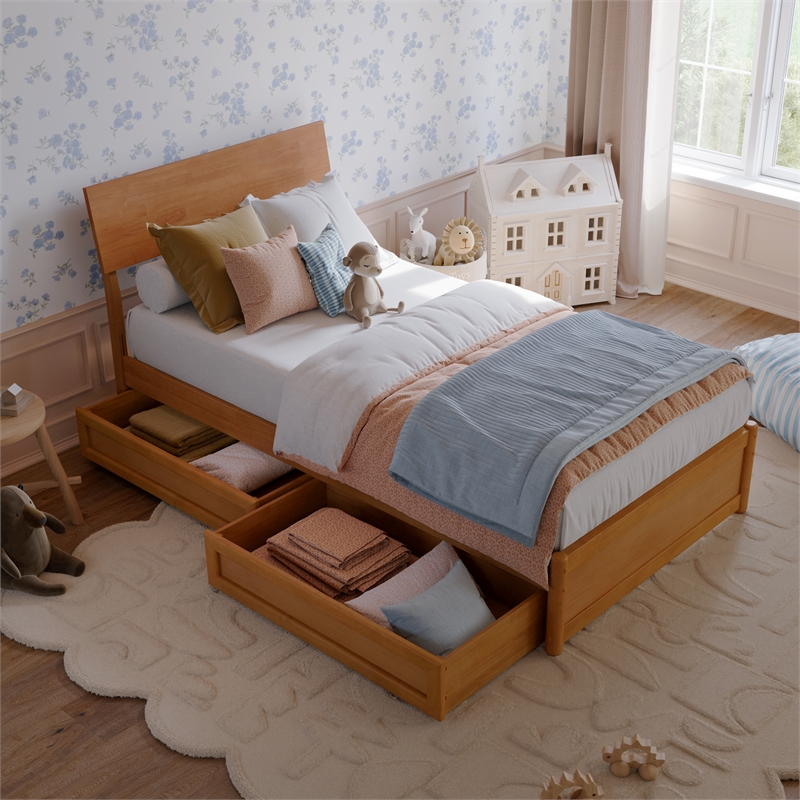 Norla Twin Wood Platform Bed with Footboard and Drawers in Light Toffee