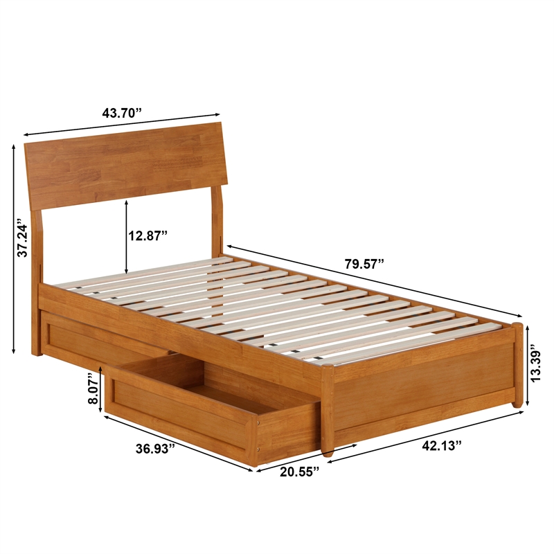 Norla Twin Wood Platform Bed with Footboard and Drawers in Light Toffee