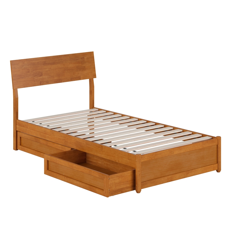 Norla Twin Wood Platform Bed with Footboard and Drawers in Light Toffee