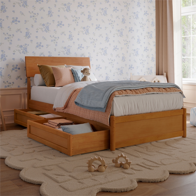 Norla Twin Wood Platform Bed with Footboard and Drawers in Light Toffee