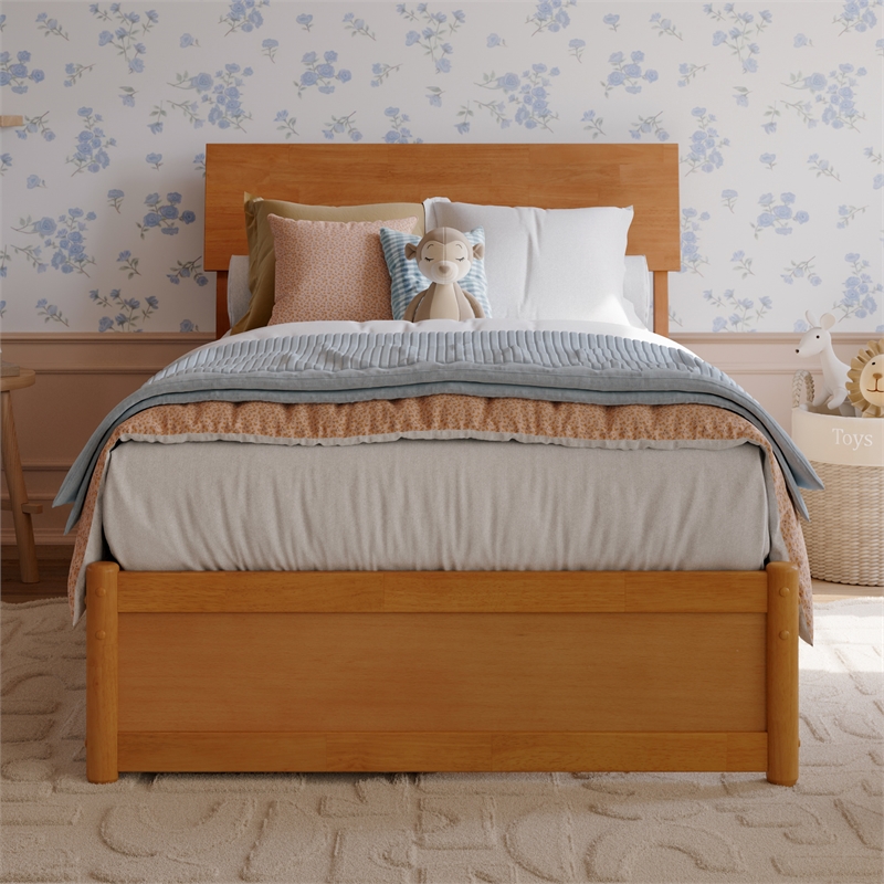 Norla Twin Wood Platform Bed with Footboard and Drawers in Light Toffee