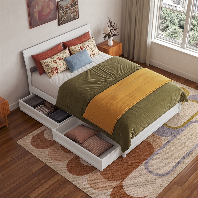 Norla Full Wood Platform Bed with Footboard and Drawers in White