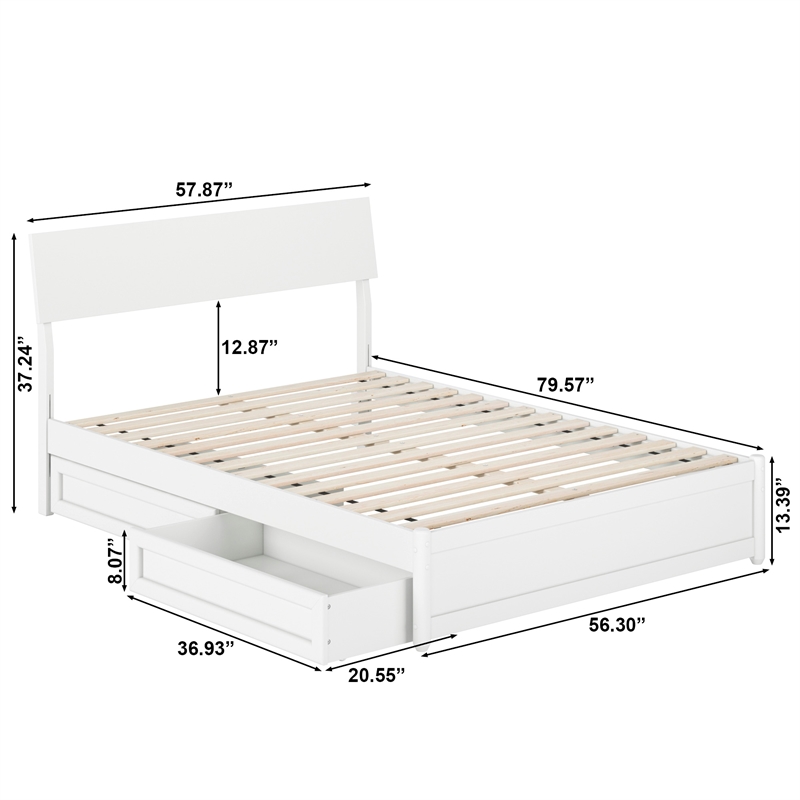 Norla Full Wood Platform Bed with Footboard and Drawers in White