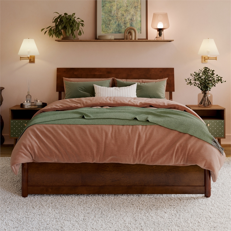 Norla Full Wood Platform Bed with Footboard and Drawers in Walnut