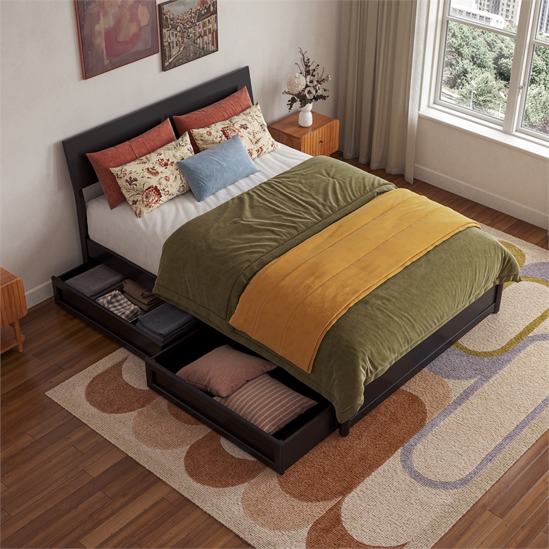 Norla Full Wood Platform Bed with Footboard and Drawers in Black