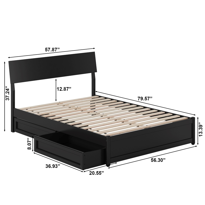 Norla Full Wood Platform Bed with Footboard and Drawers in Black