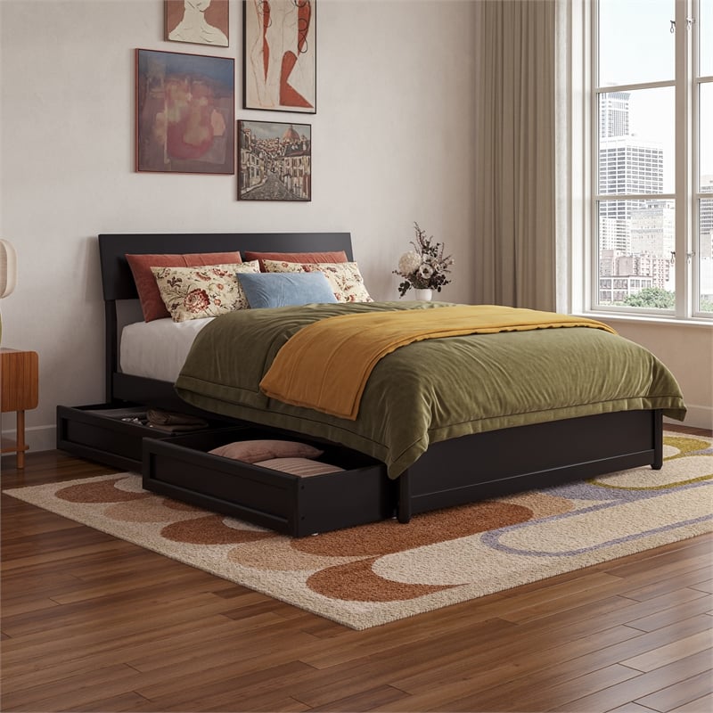 Norla Full Wood Platform Bed with Footboard and Drawers in Black