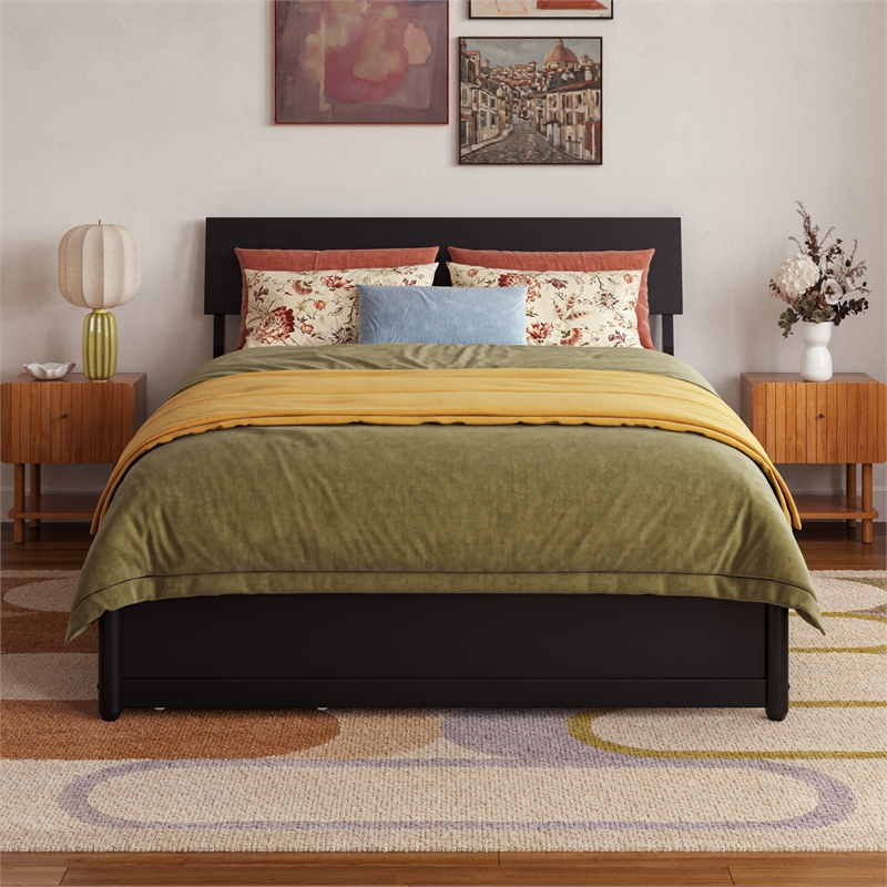 Norla Full Wood Platform Bed with Footboard and Drawers in Black