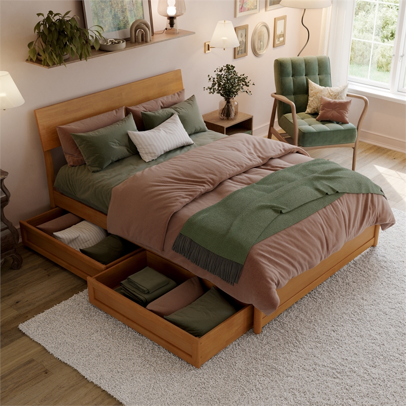Norla Full Wood Platform Bed with Footboard and Drawers in Light Toffee