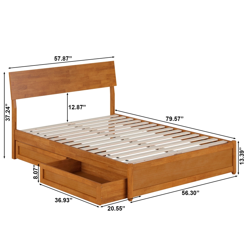Norla Full Wood Platform Bed with Footboard and Drawers in Light Toffee