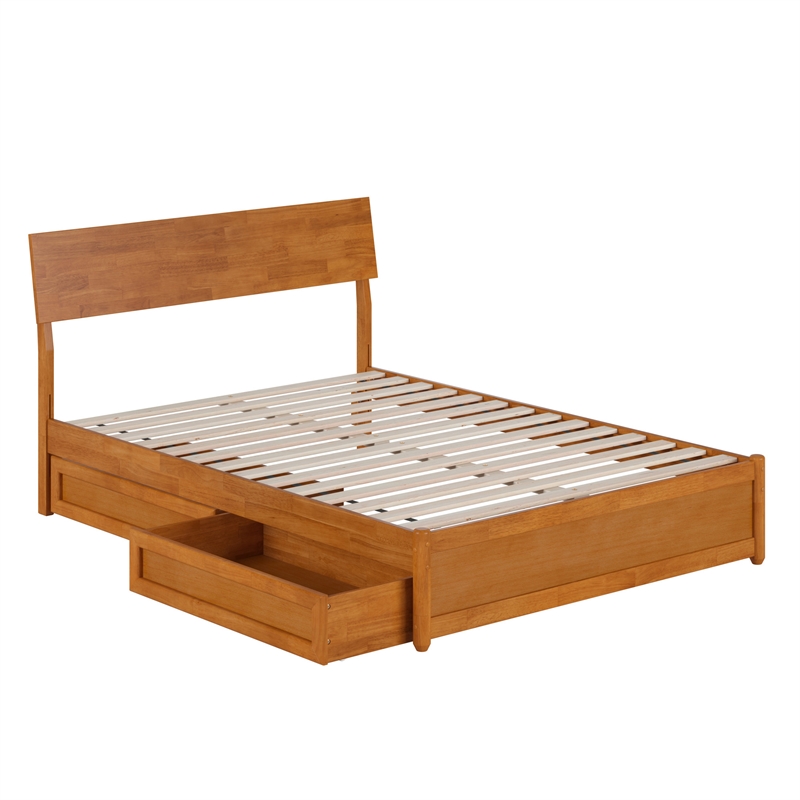 Norla Full Wood Platform Bed with Footboard and Drawers in Light Toffee