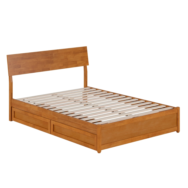 Norla Full Wood Platform Bed with Footboard and Drawers in Light Toffee