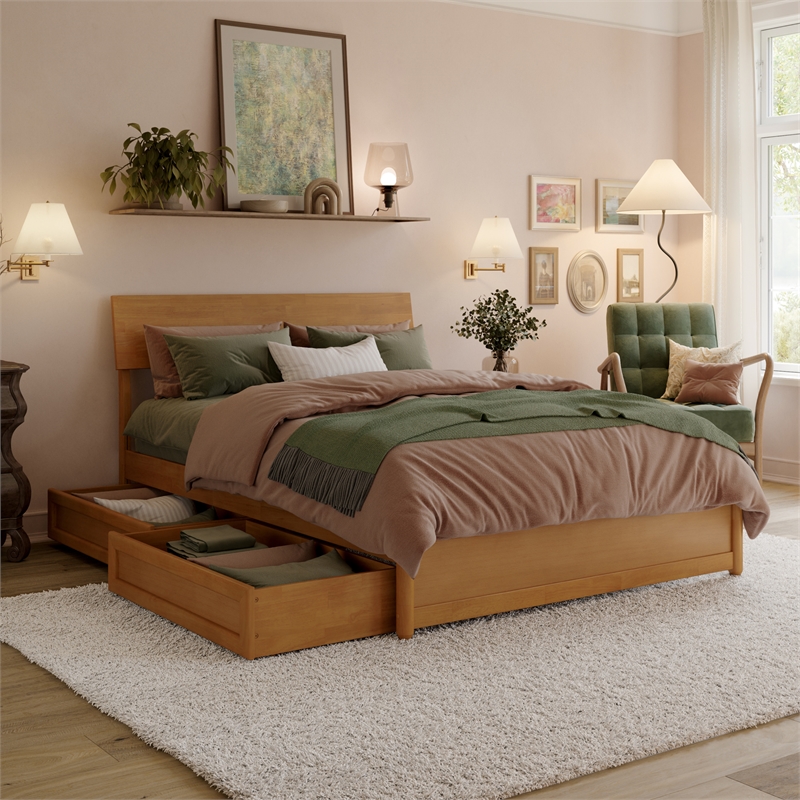 Norla Full Wood Platform Bed with Footboard and Drawers in Light Toffee