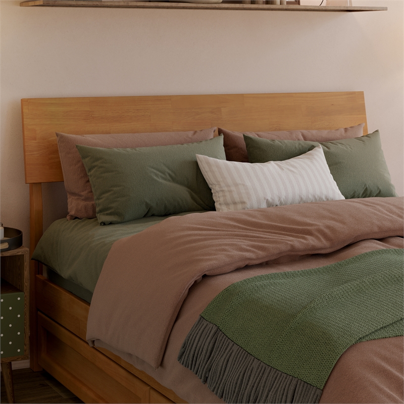 Norla Full Wood Platform Bed with Footboard and Drawers in Light Toffee