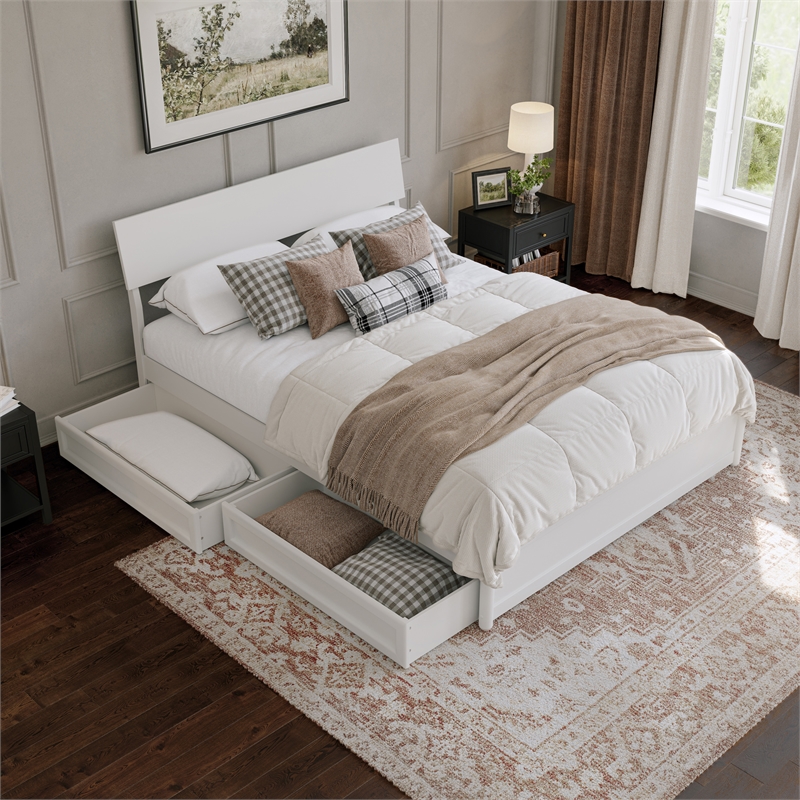 Norla Queen Wood Platform Bed with Footboard and Drawers in White
