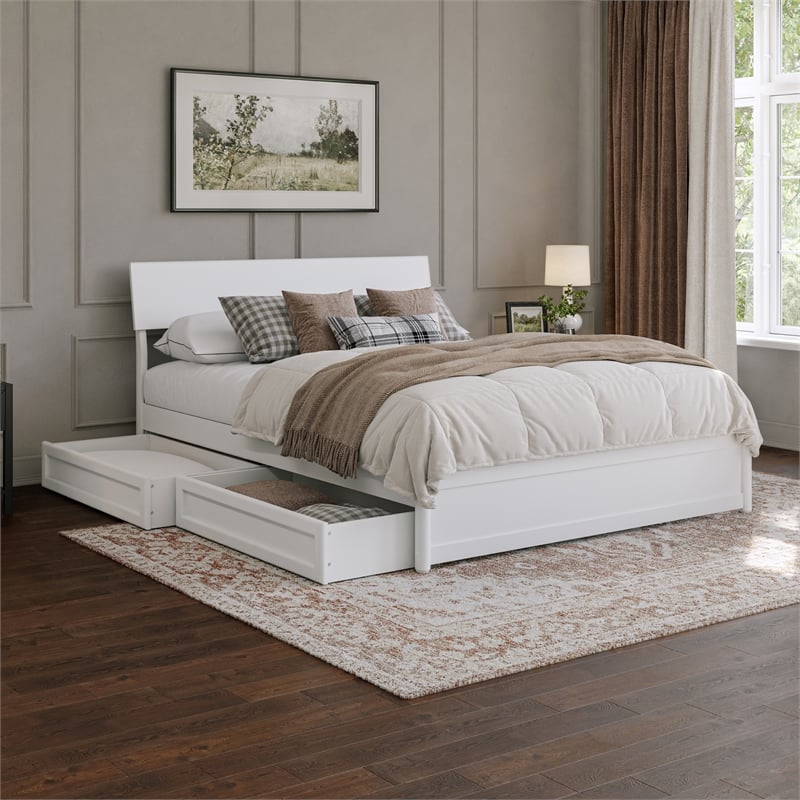 Norla Queen Wood Platform Bed with Footboard and Drawers in White