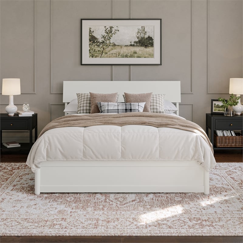 Norla Queen Wood Platform Bed with Footboard and Drawers in White