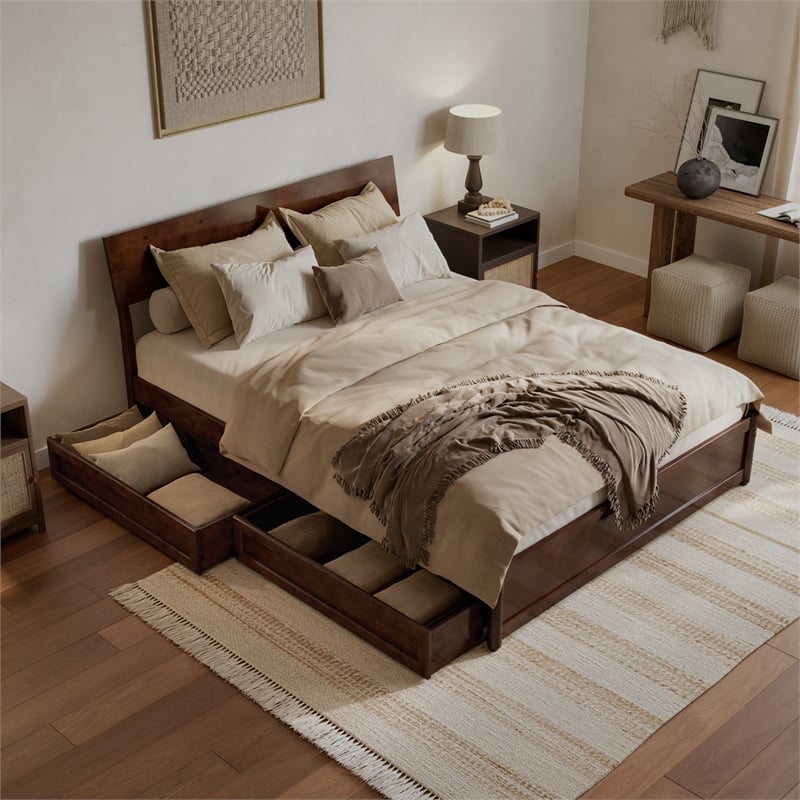 Norla Queen Wood Platform Bed with Footboard and Drawers in Walnut