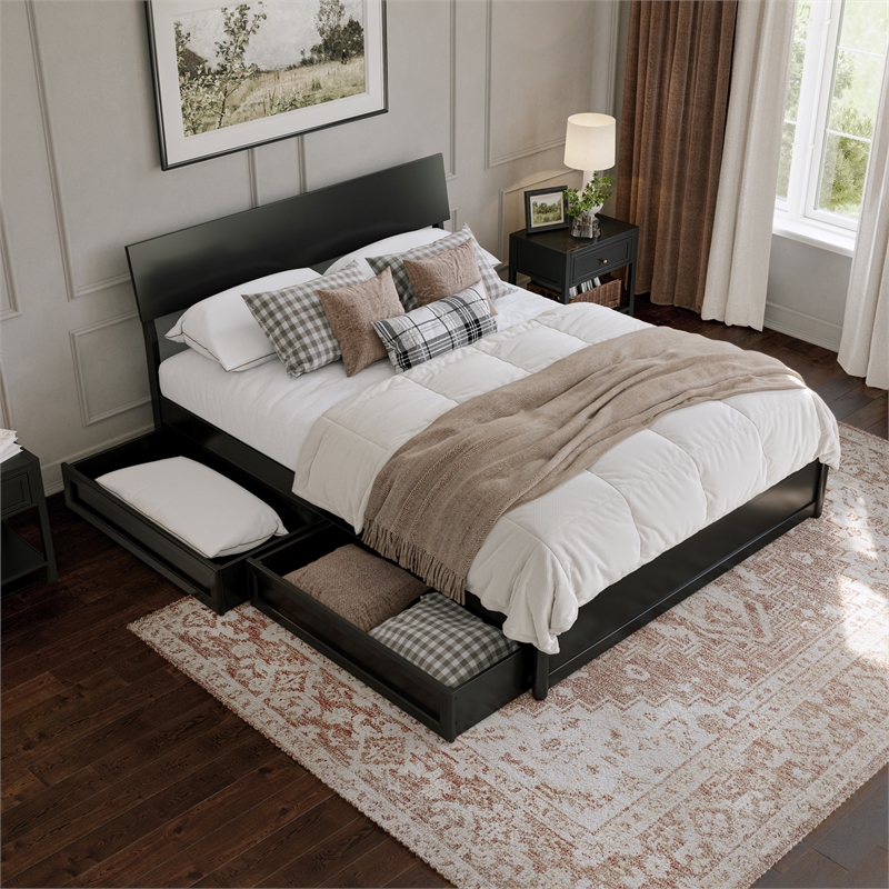 Norla Queen Wood Platform Bed with Footboard and Drawers in Black